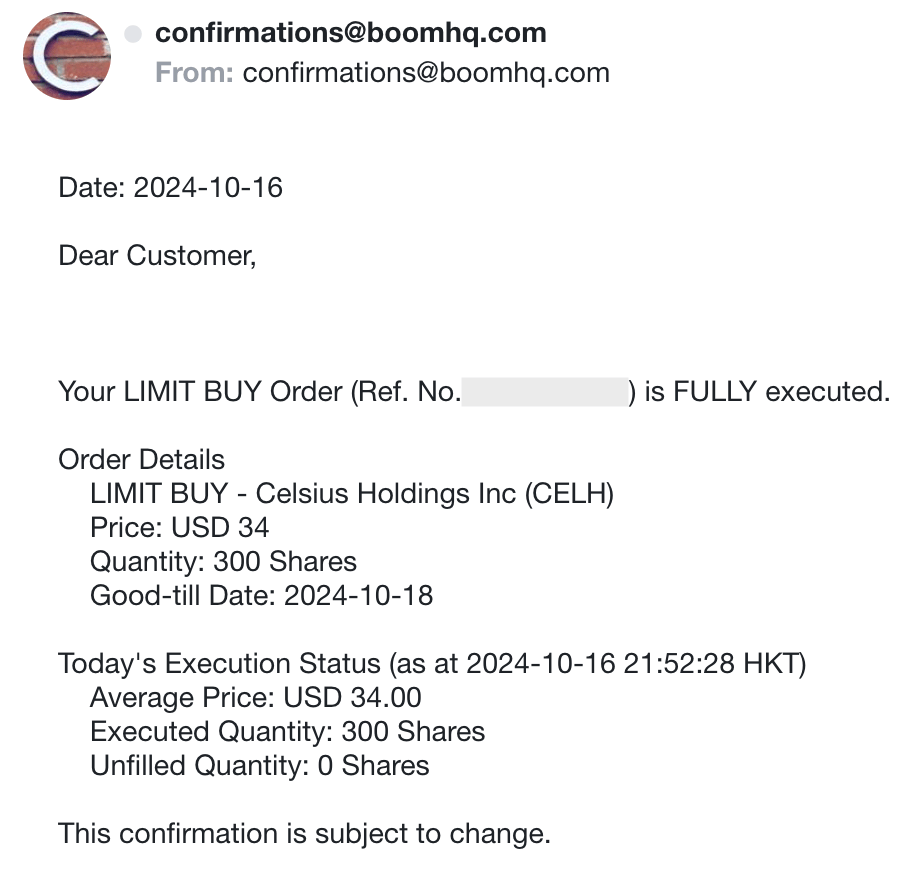 Purchase confirmation CELH stock