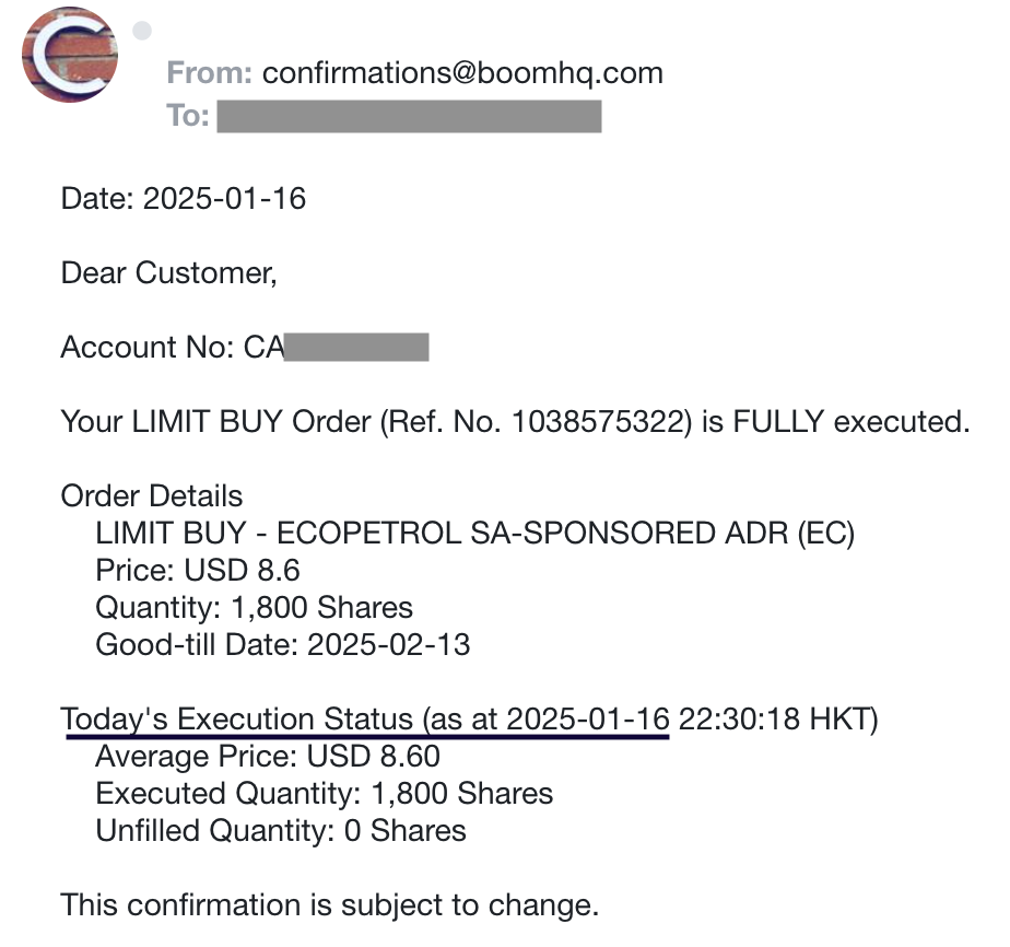 Order confirmation to buy EcoPetrol