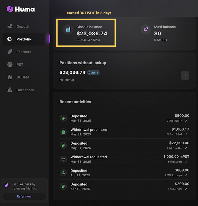 Huma Finance dashboard